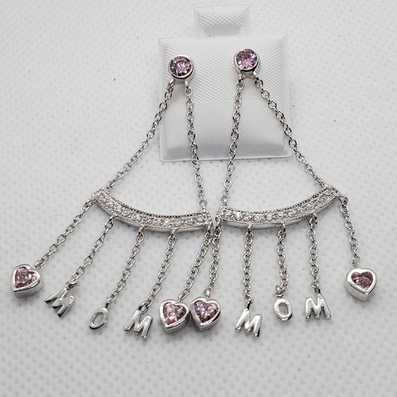925 Silver Dangling CZ Hearts MOM Earrings - Picture 2 of 8